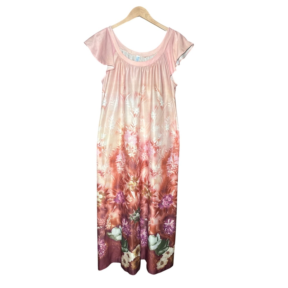 Travel-Lite by Boutique Vintage Pink Floral Ombre Maxi Nightgown Small 2507